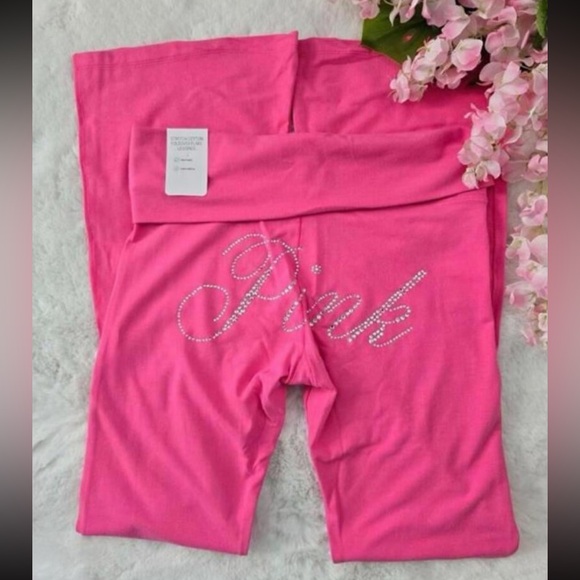 Victoria secret pink Carmine rose bling Foldover Flare legging M L REGULAR - Picture 2 of 5